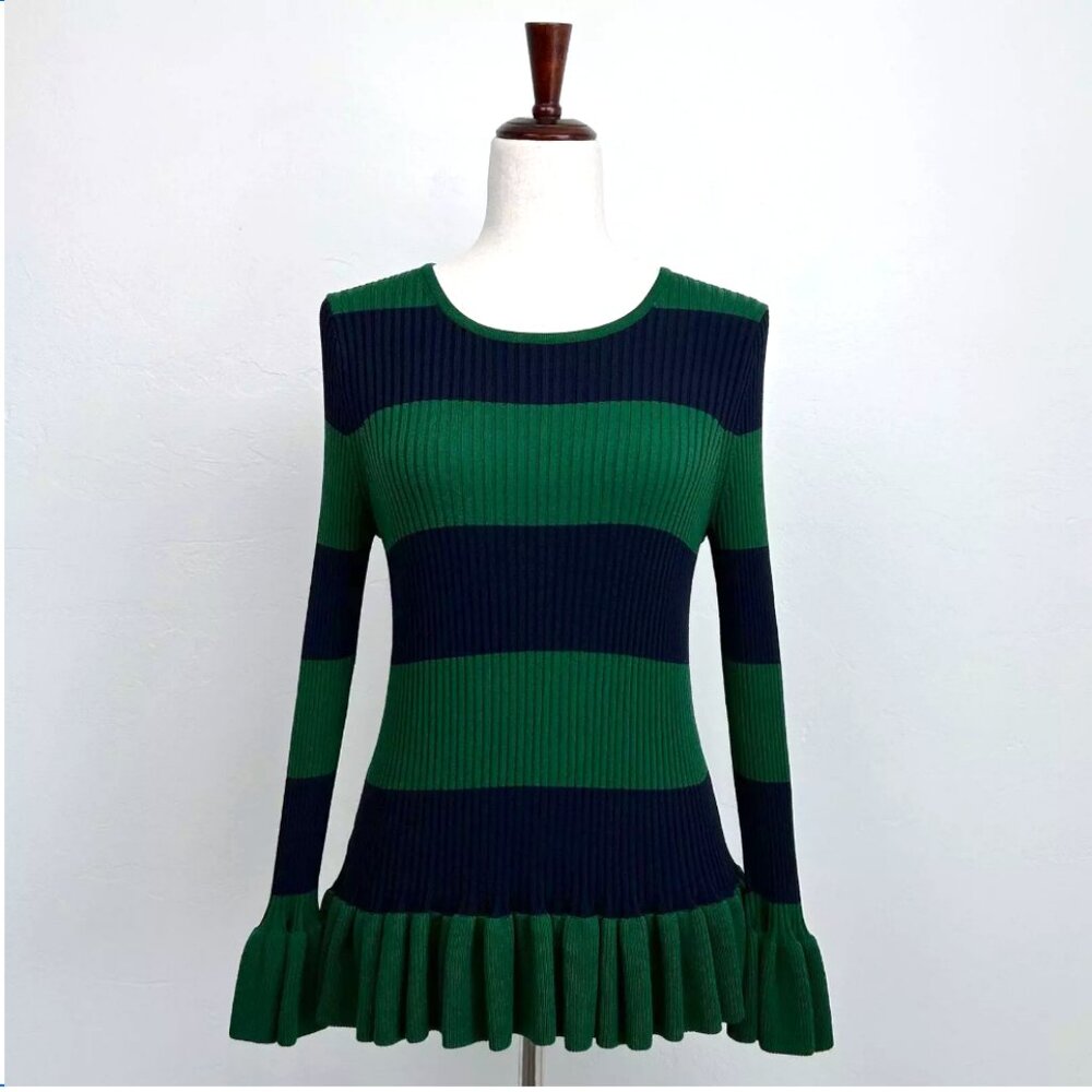ANN TAYLOR Rib Knit Green & Navy Striped Fitted SWEATER Size: Large